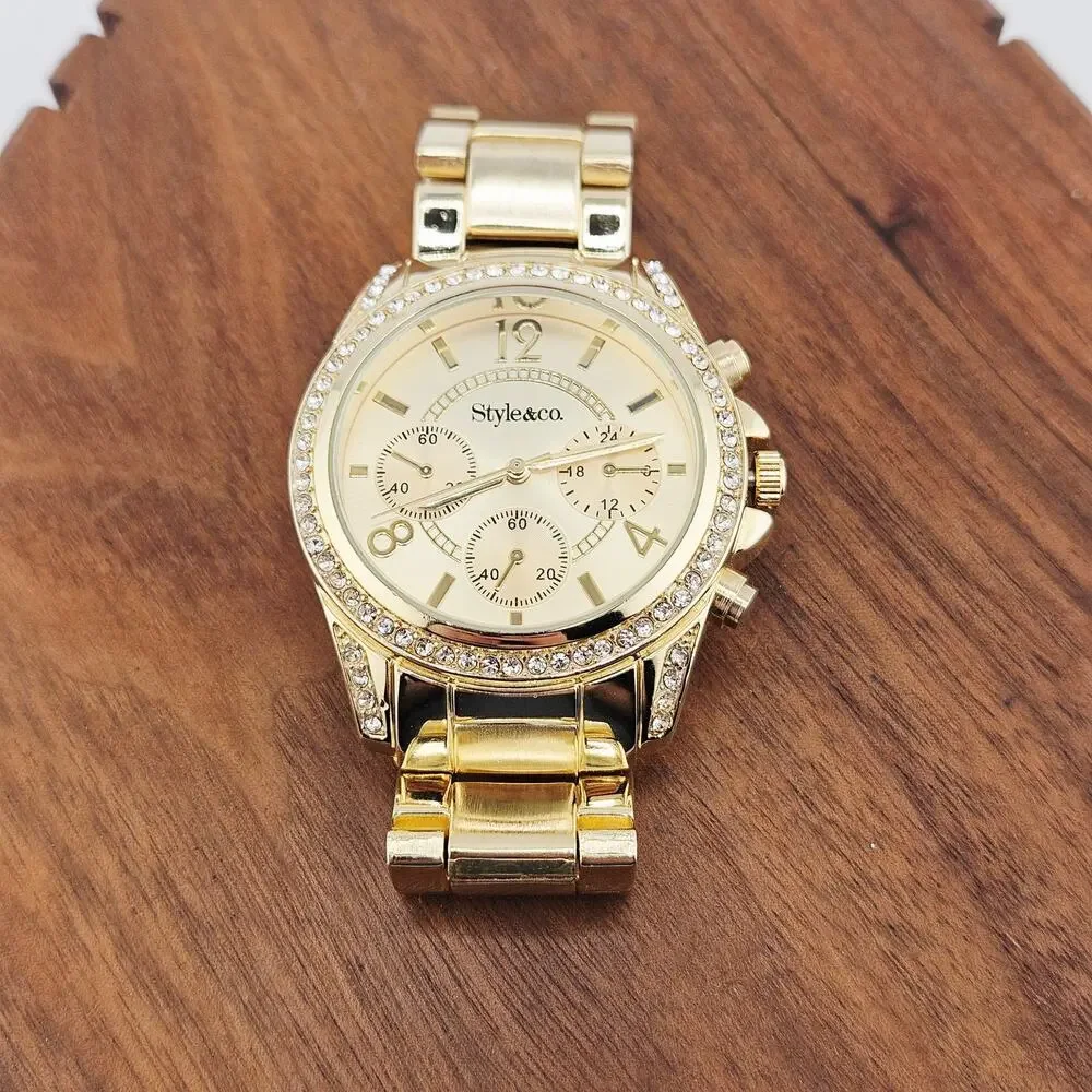 Style & Co Women's Gold Tone Multi Dial Wrist Watch Crystal Bezel Glitz Elevated